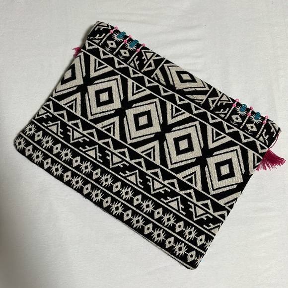 Aztec Boho Embellished Beaded Sequin Tassel Cotton Envelope Clutch Purse Bag - Picture 4 of 11